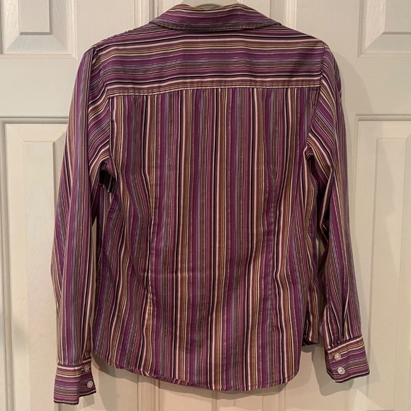 💜 💚Chico’s Long Sleeve White, Black, Purple & Green Striped Button Down Blouse - Picture 3 of 7